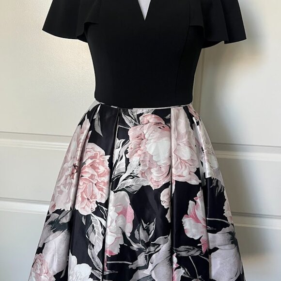 Betsy & Adam Black Pink Floral Off-The-Shoulder Fit & Flare Dress Size 2 - Picture 2 of 16